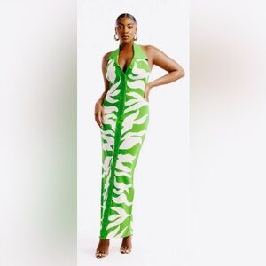 Hanifa Green and White Knit Halter Maxi Dress